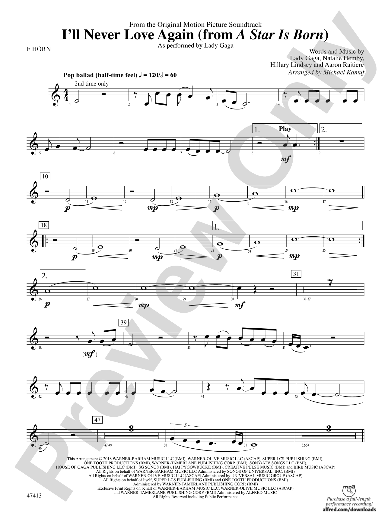 I'll Never Love Again (from A Star Is Born): 1st F Horn