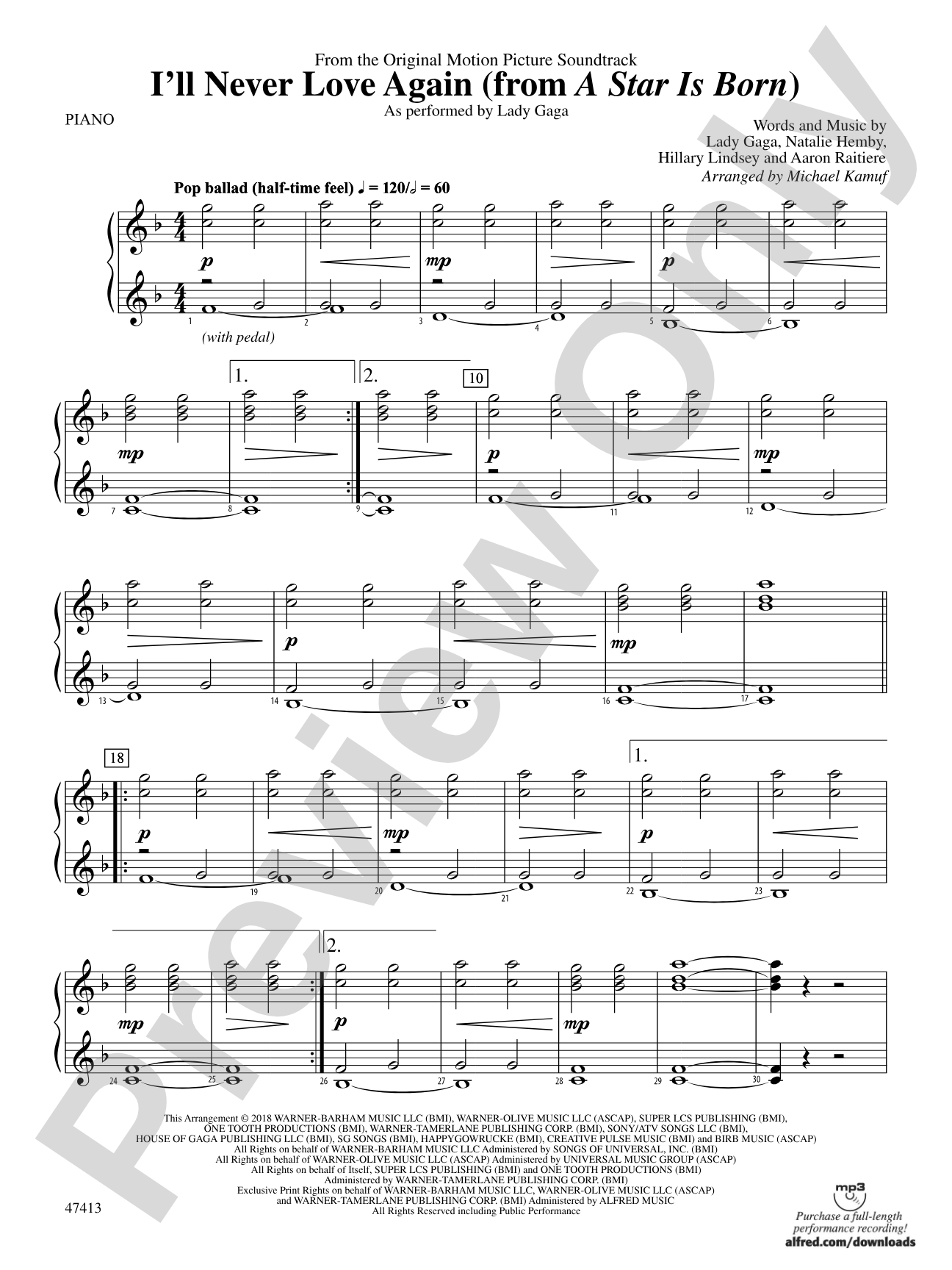 I'll Never Love Again (from A Star Is Born): Piano Accompaniment