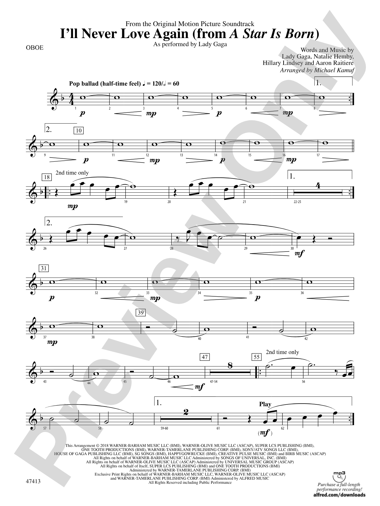 I'll Never Love Again (from A Star Is Born): Oboe