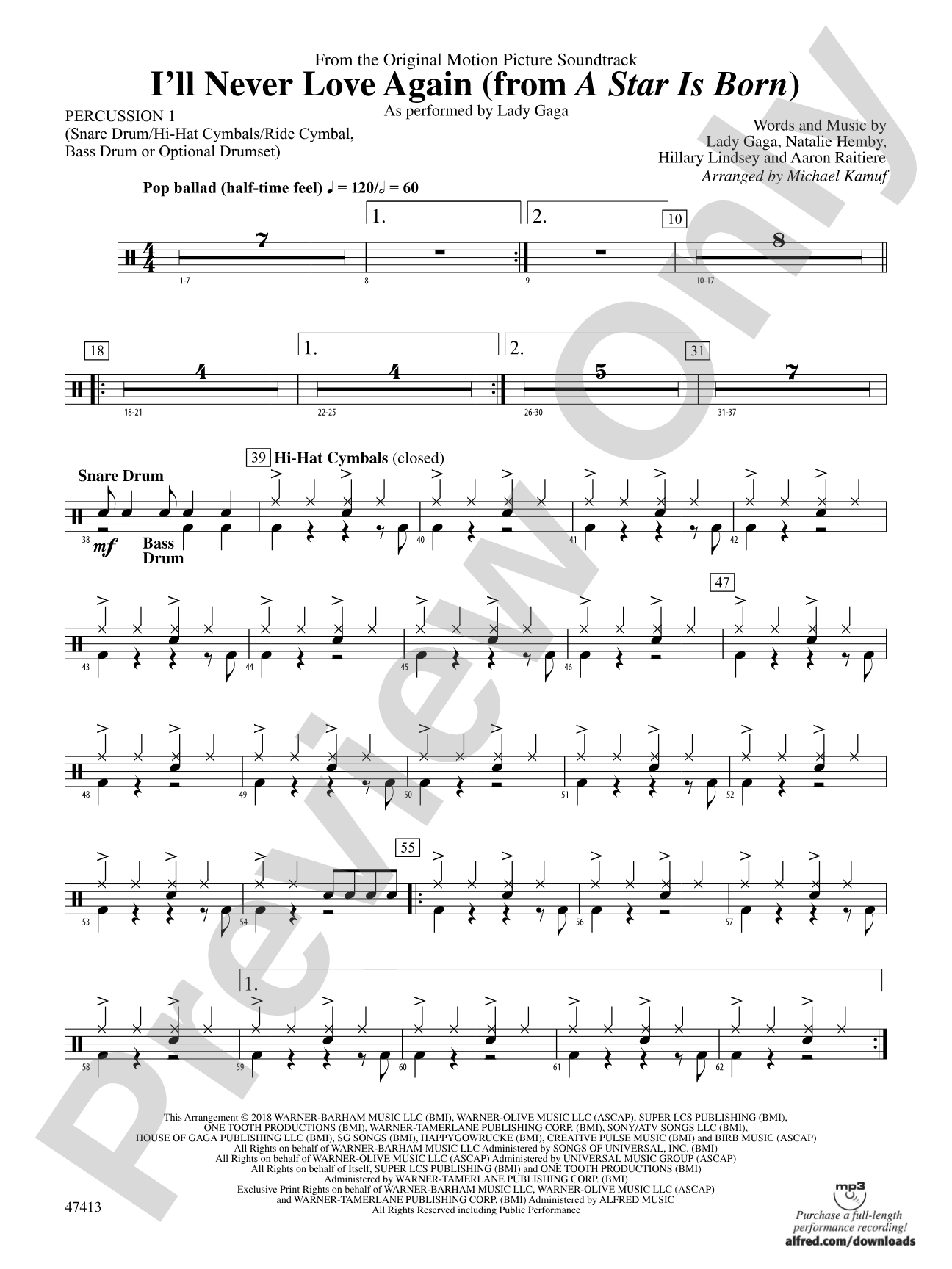 I'll Never Love Again (from A Star Is Born): 1st Percussion