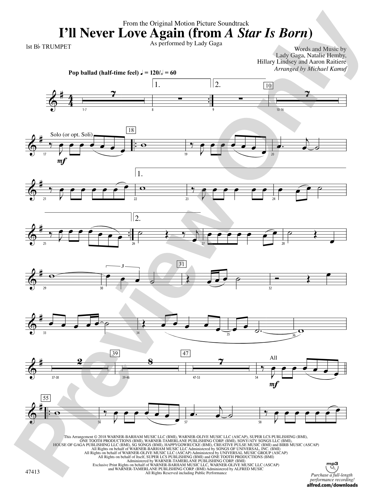 I'll Never Love Again (from A Star Is Born): 1st B-flat Trumpet