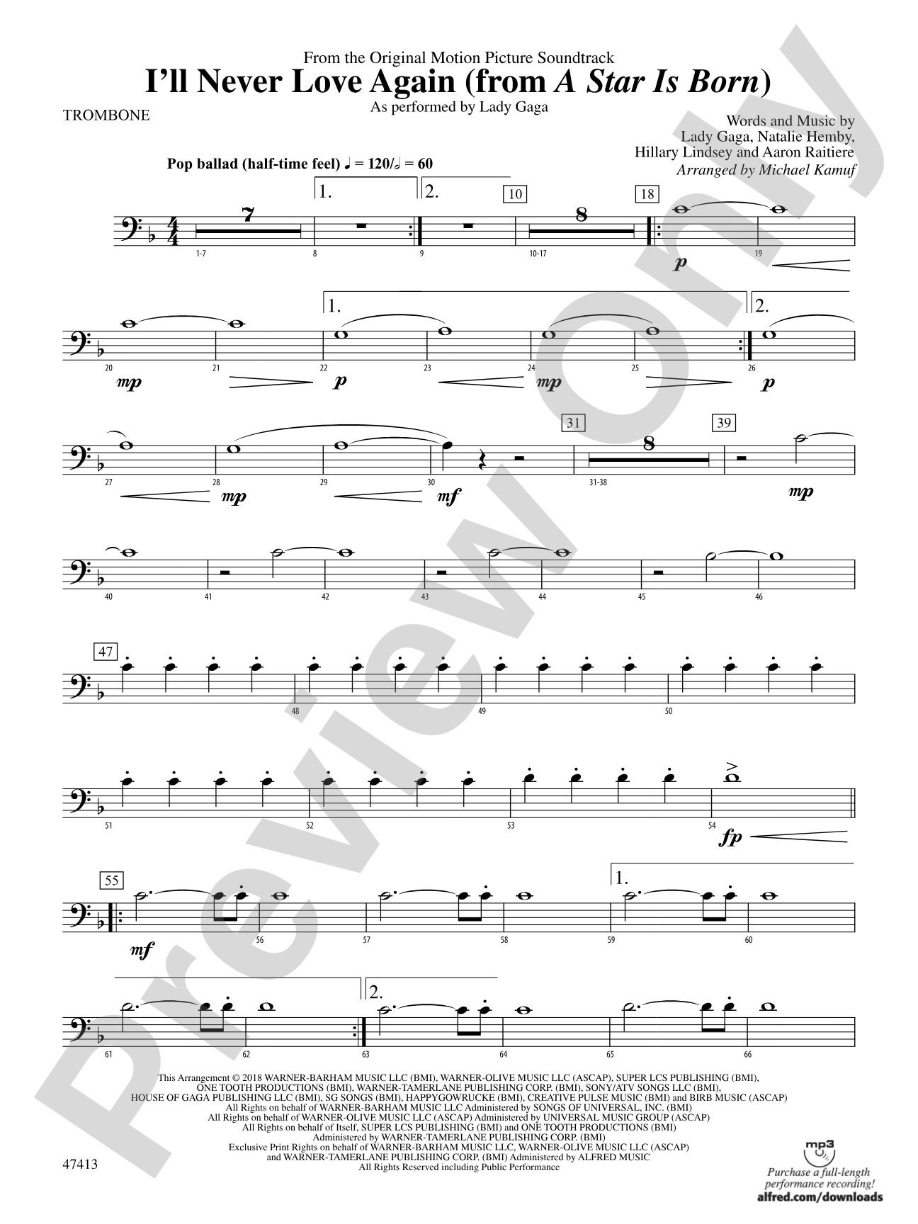 I'll Never Love Again (from A Star Is Born): 1st Trombone