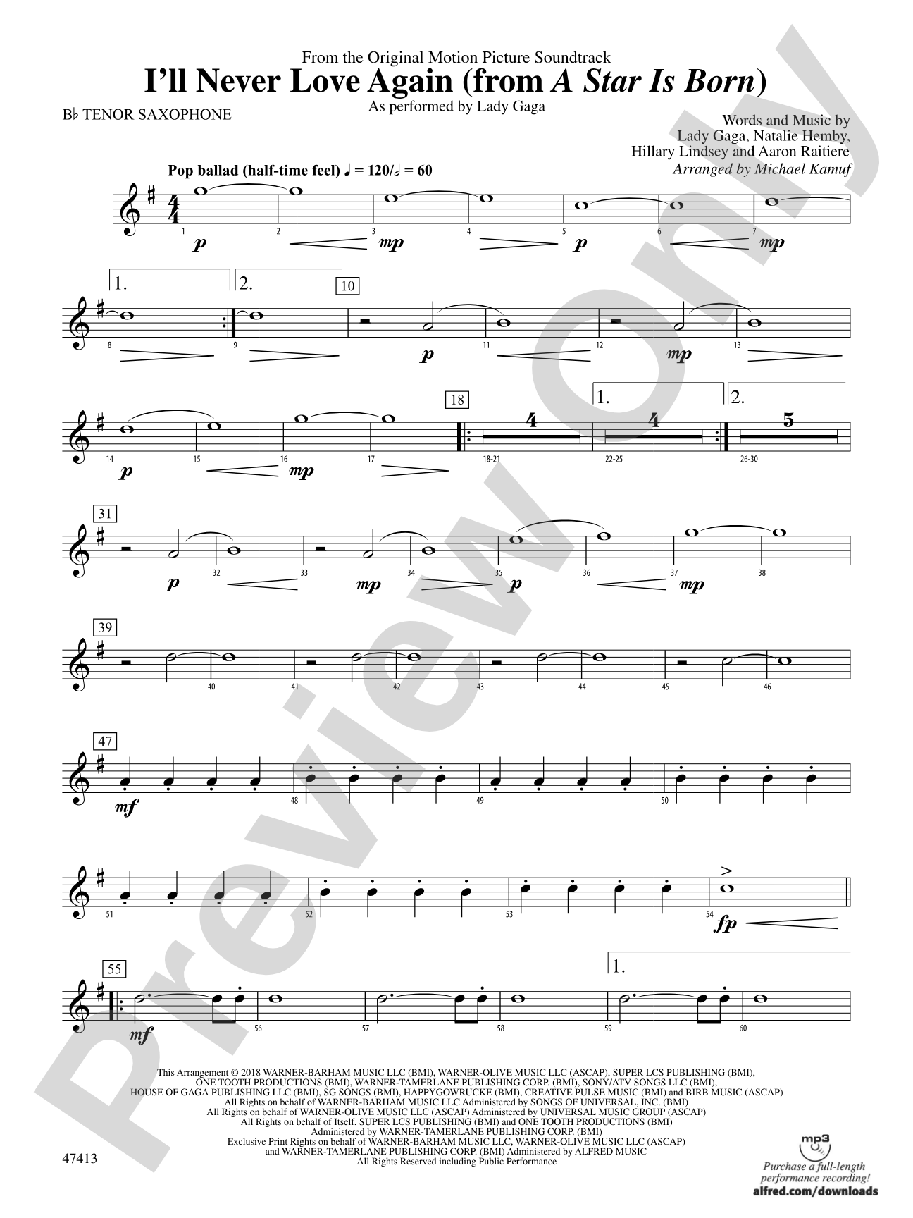 I'll Never Love Again (from A Star Is Born): B-flat Tenor Saxophone