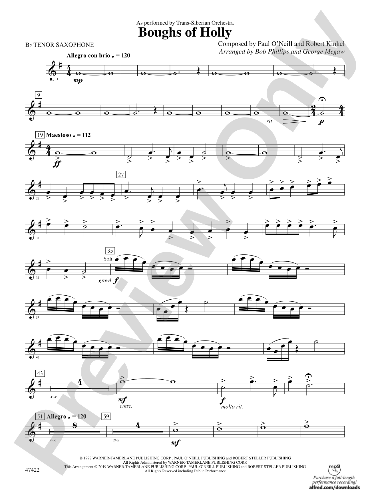 Boughs of Holly: B-flat Tenor Saxophone
