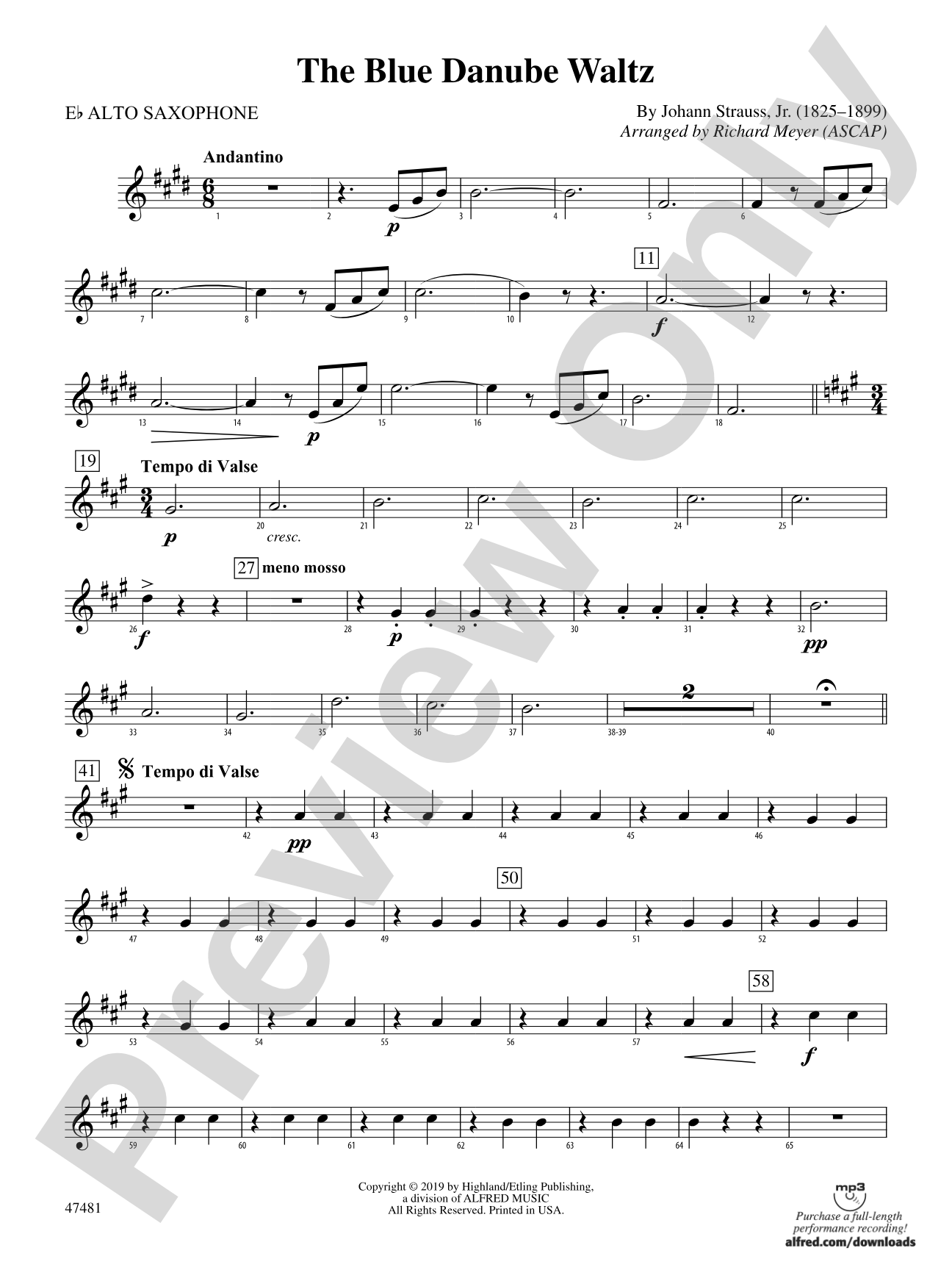The Blue Danube Waltz: E-flat Alto Saxophone