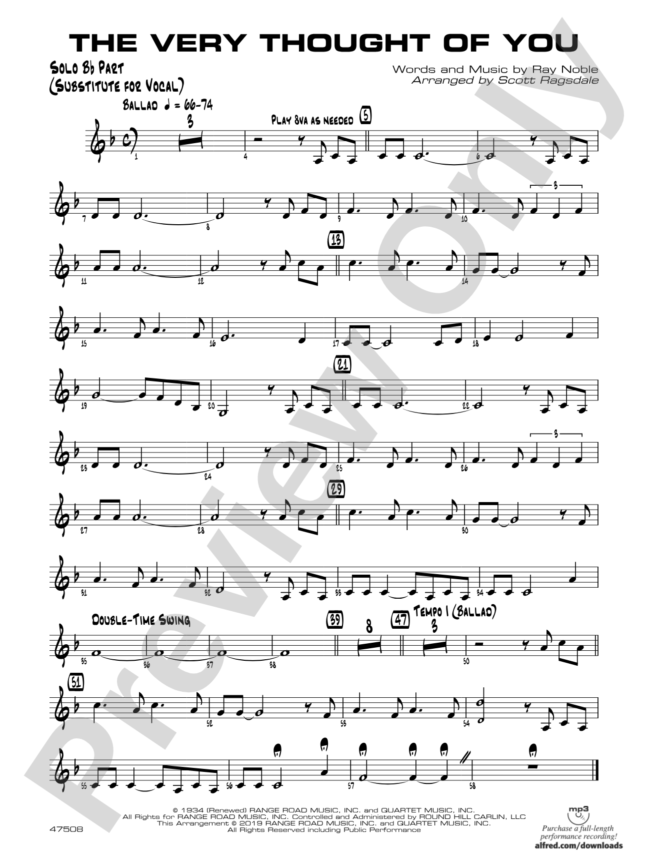 The Very Thought of You: Solo Bb Part (Substitute for Vocal)