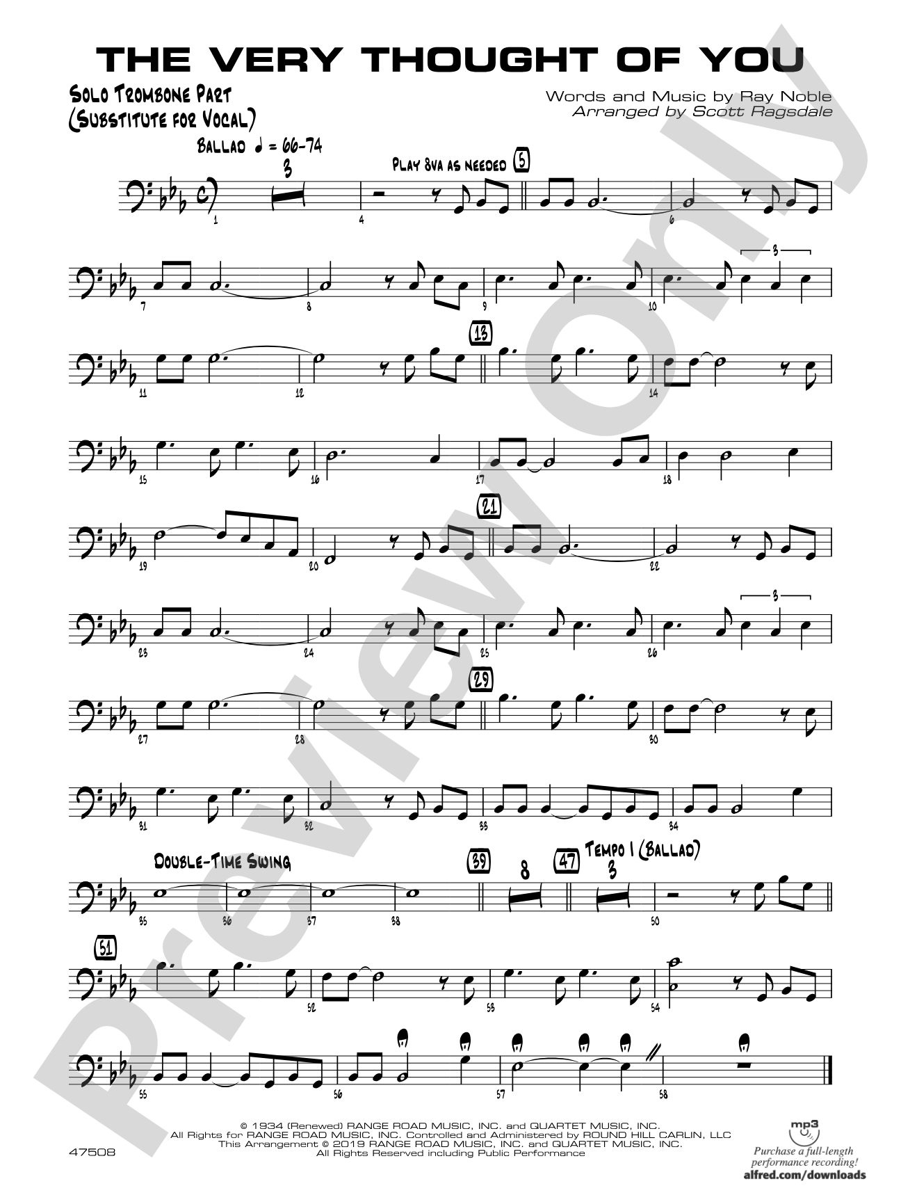 The Very Thought of You: Solo Bass Clef Part (Substitute for Vocal)