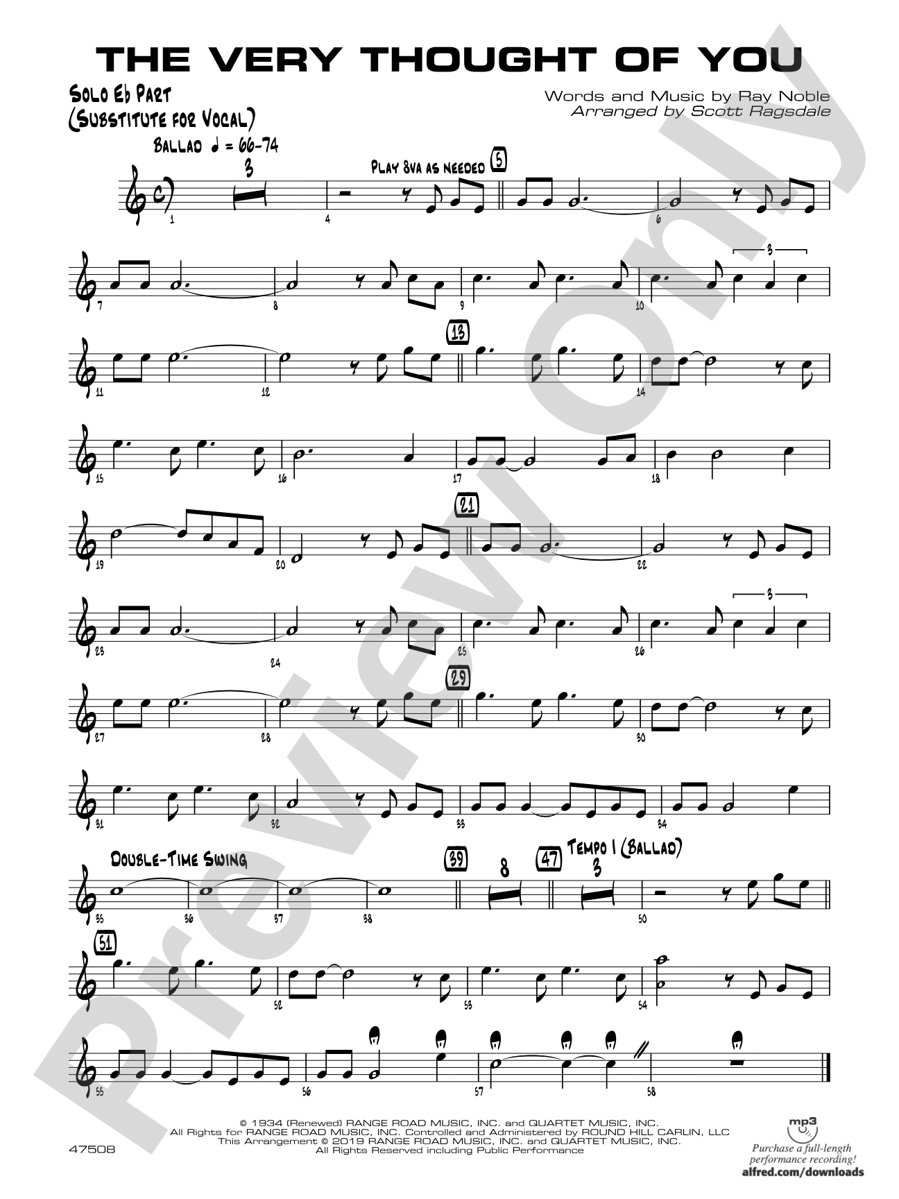 The Very Thought of You: Solo Eb Part (Substitute for Vocal)