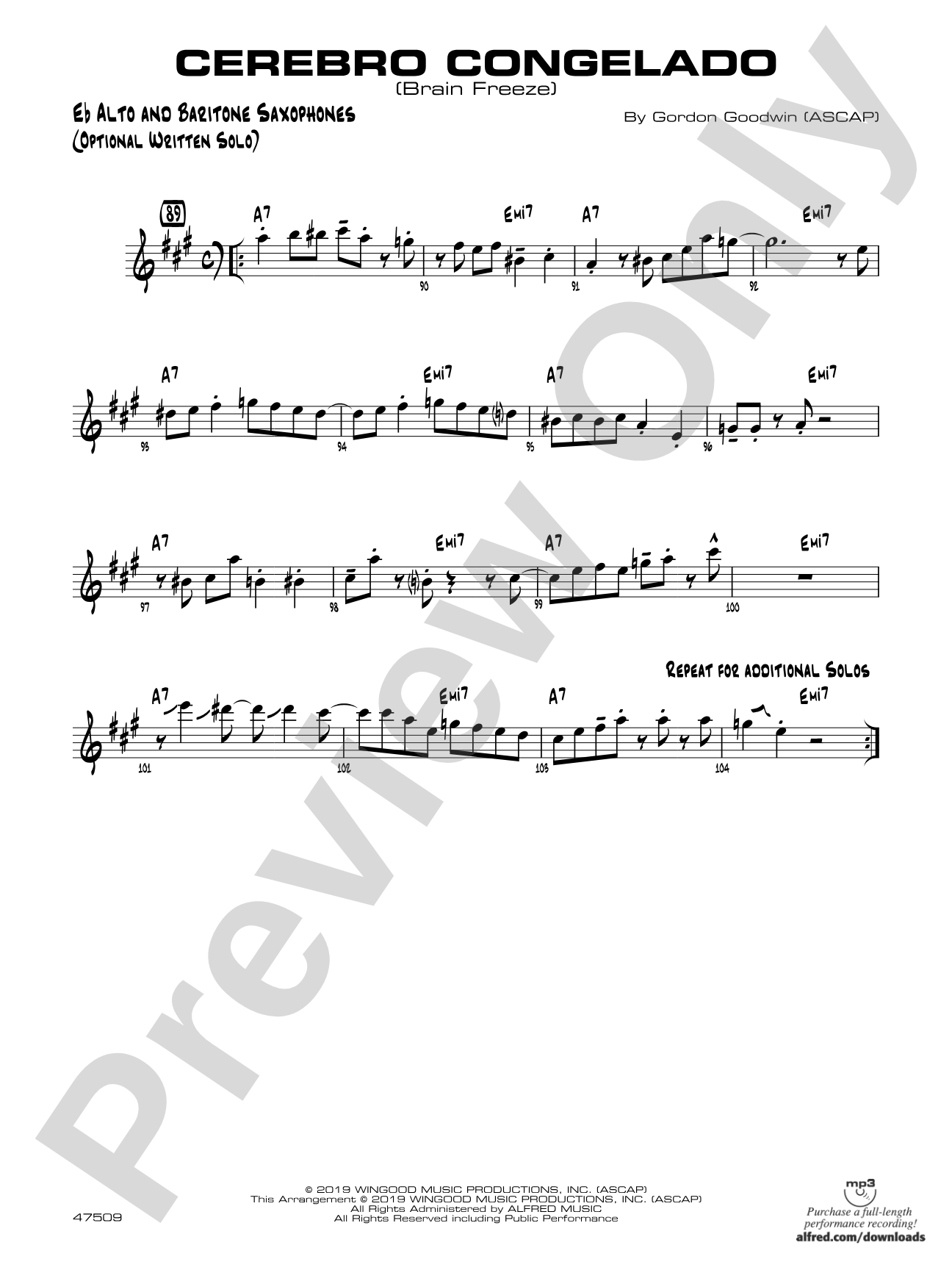 Cerebro Congelado: Eb Alto Sax Optional Solo