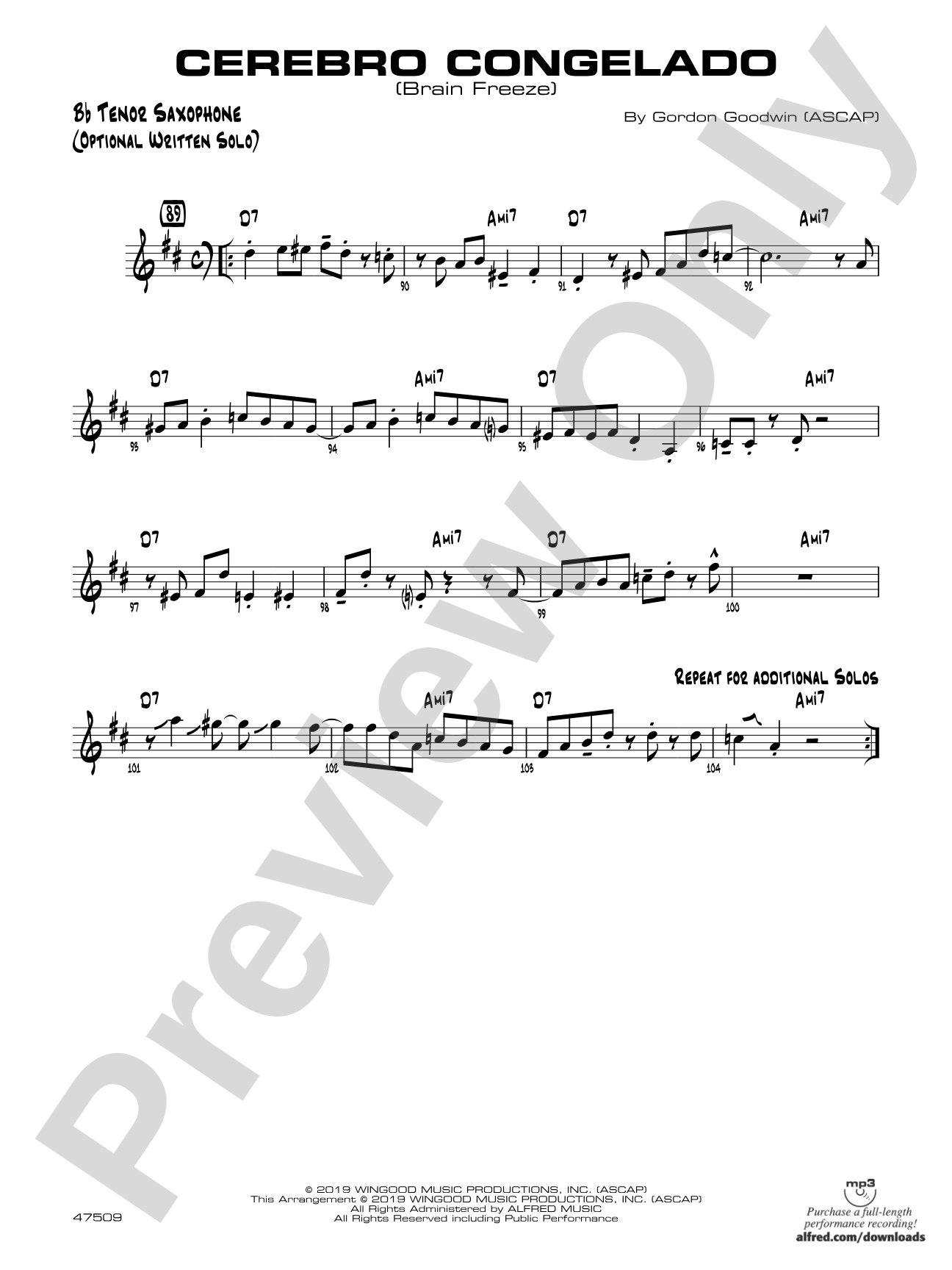 Cerebro Congelado: Bb Tenor Sax Optional Solo