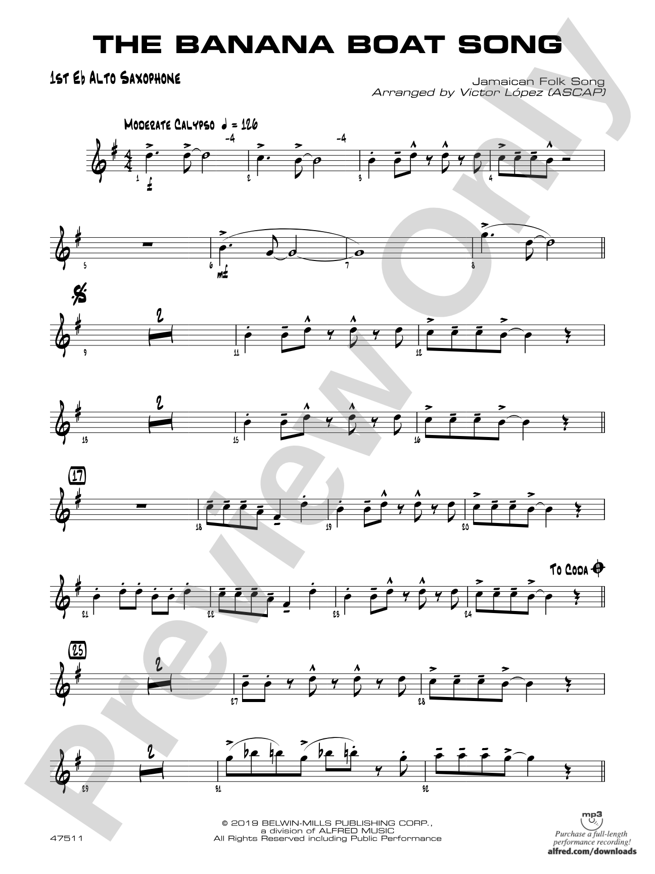 The Banana Boat Song: E-flat Alto Saxophone
