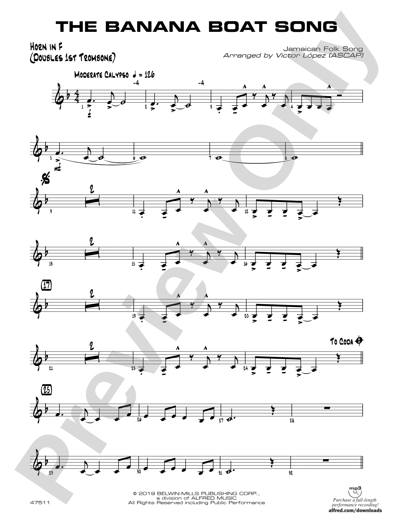 The Banana Boat Song: 1st F Horn