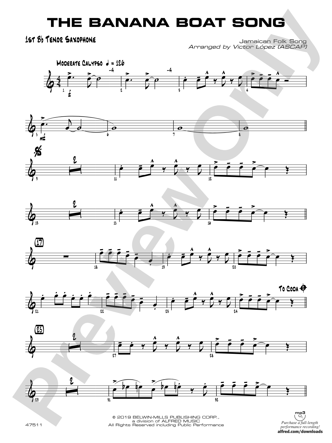 The Banana Boat Song: B-flat Tenor Saxophone