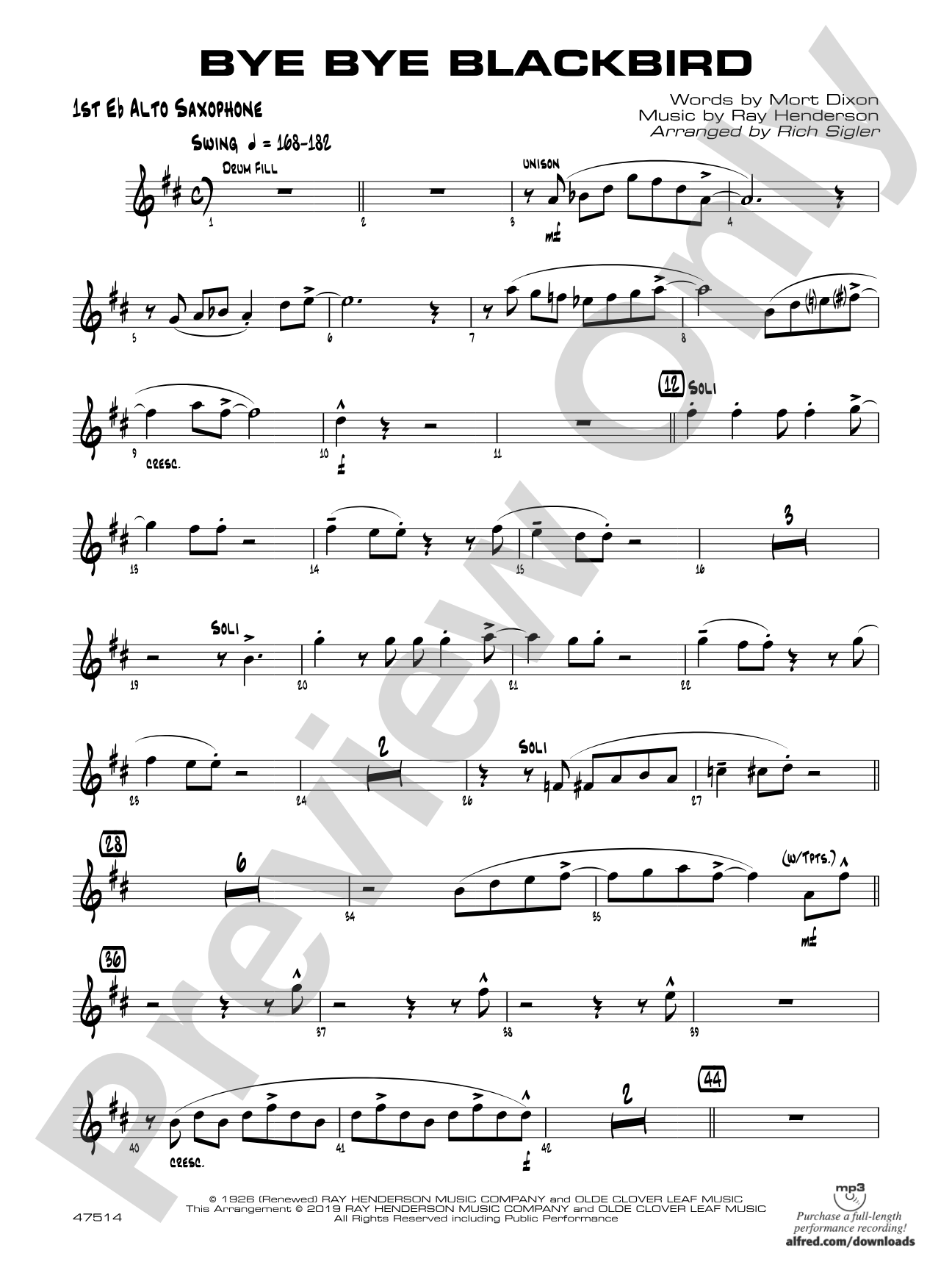 Bye Bye Blackbird: E-flat Alto Saxophone