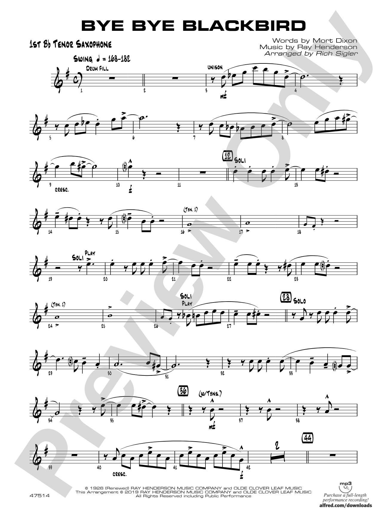 Bye Bye Blackbird: B-flat Tenor Saxophone