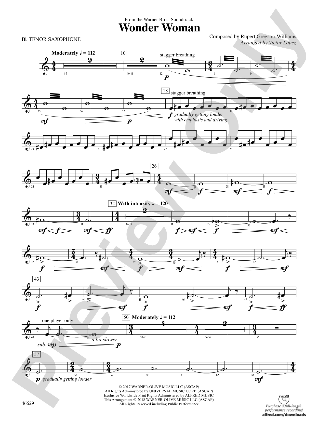 Wonder Woman: From the Warner Bros. Soundtrack: B-flat Tenor Saxophone