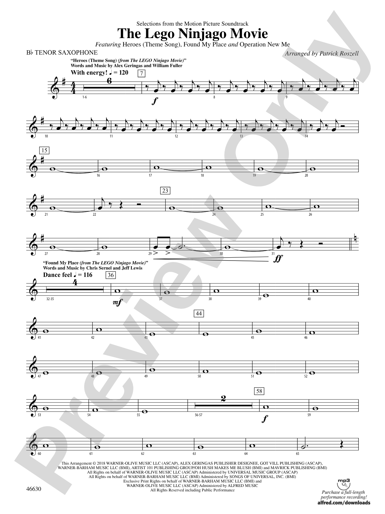 The LEGO® Ninjago® Movie™: Selections from the Motion Picture Soundtrack: B-flat Tenor Saxophone
