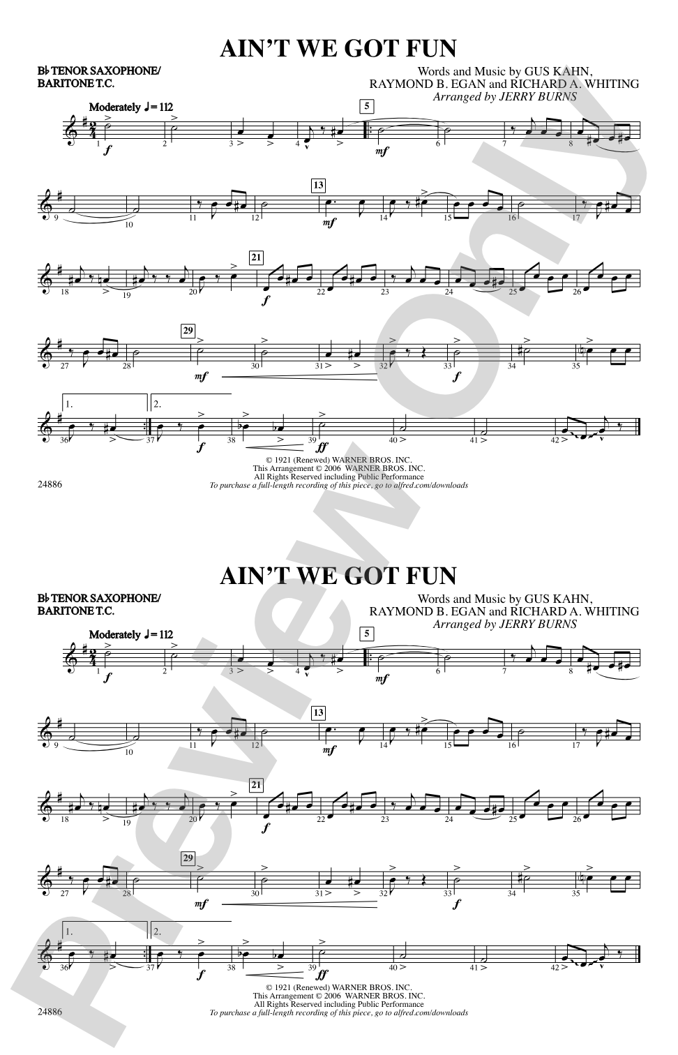 Ain't We Got Fun: Bb Tenor Saxophone/Bartione Treble Clef