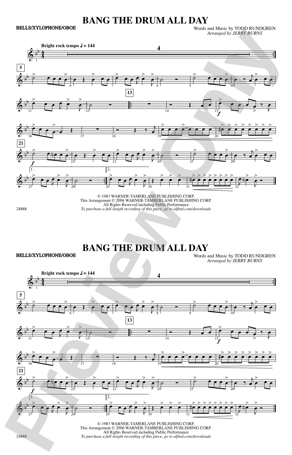 Bang the Drum All Day: Bells/Xylophone/Oboe