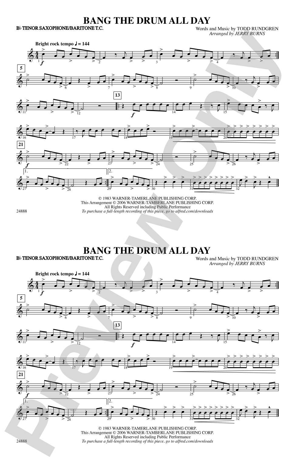Bang the Drum All Day: Bb Tenor Saxophone/Bartione Treble Clef