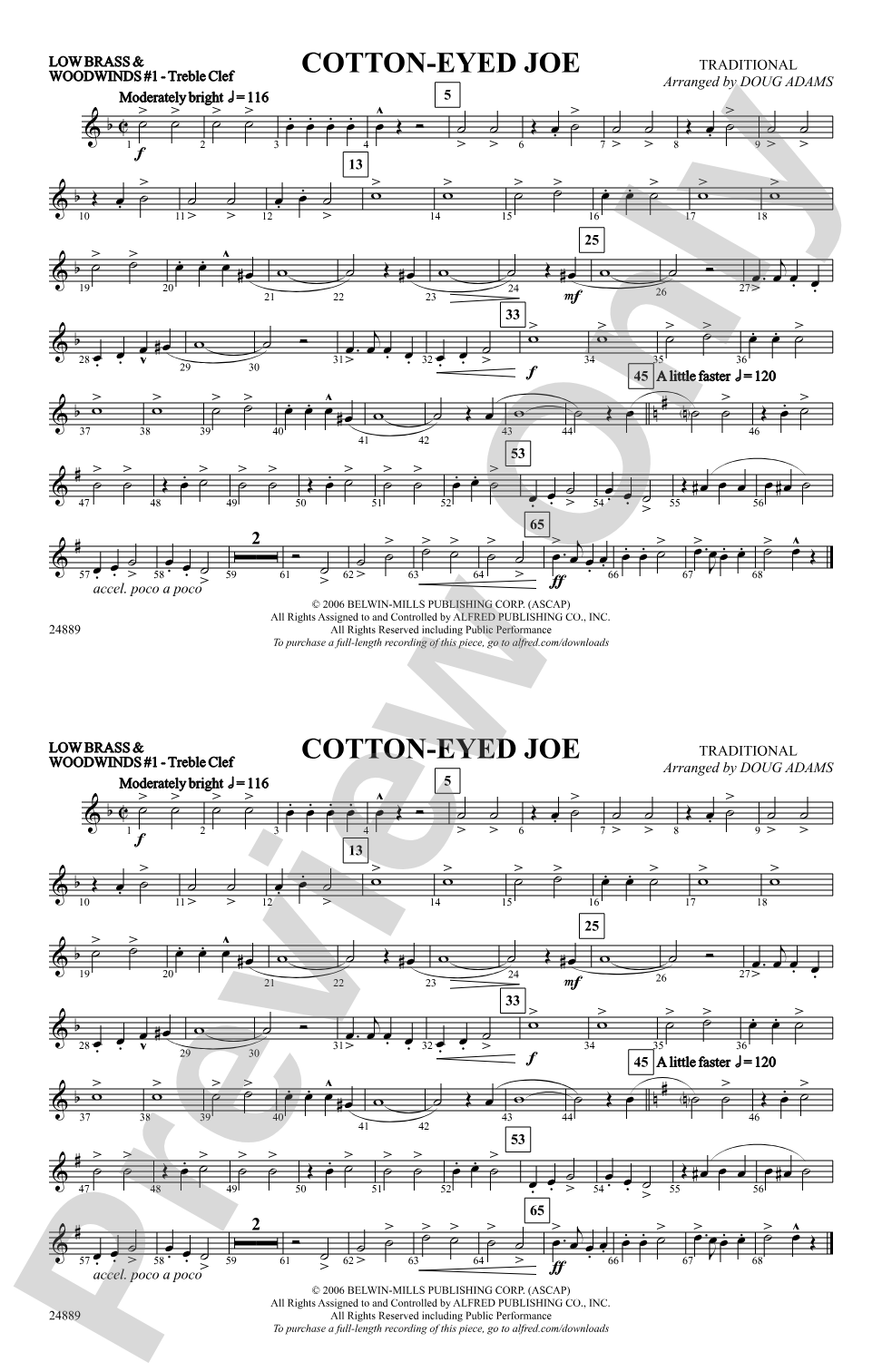Cotton-Eyed Joe: Low Brass & Woodwinds #1 - Treble Clef