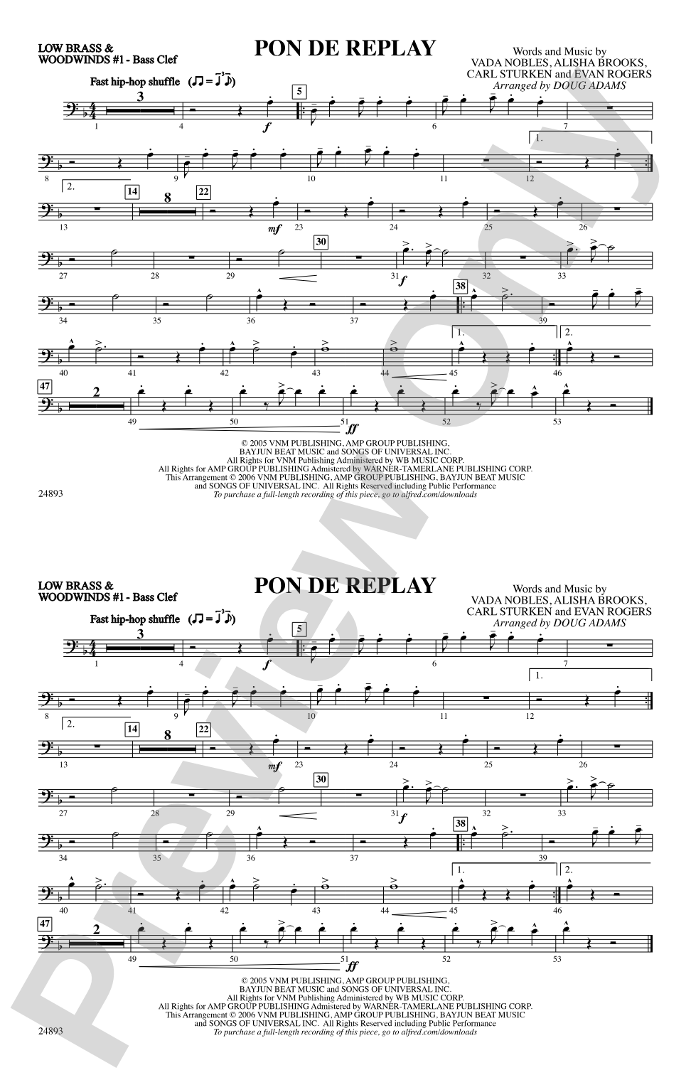 Pon de Replay: Low Brass & Woodwinds #1 - Bass Clef