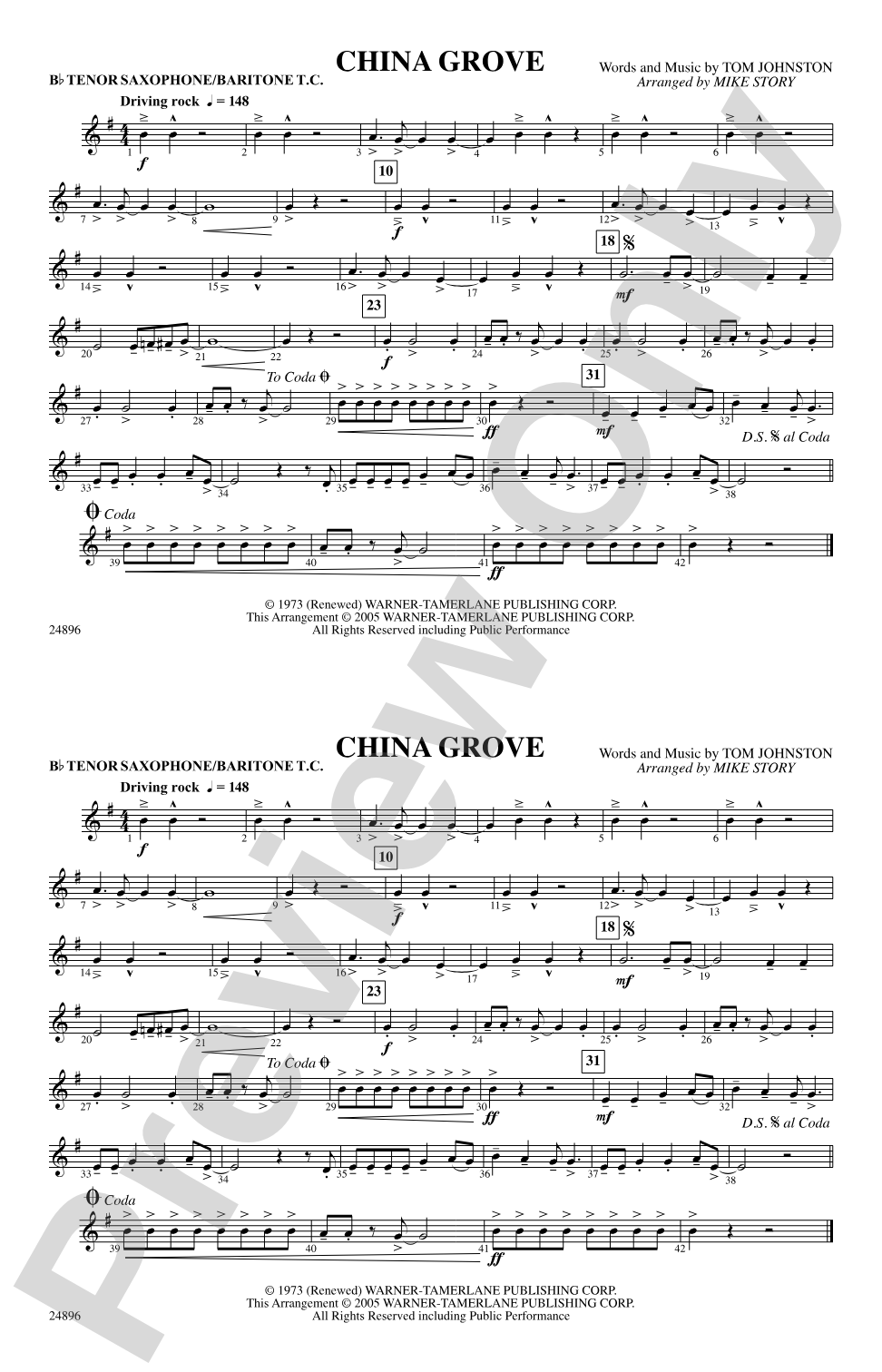 China Grove: Bb Tenor Saxophone/Bartione Treble Clef
