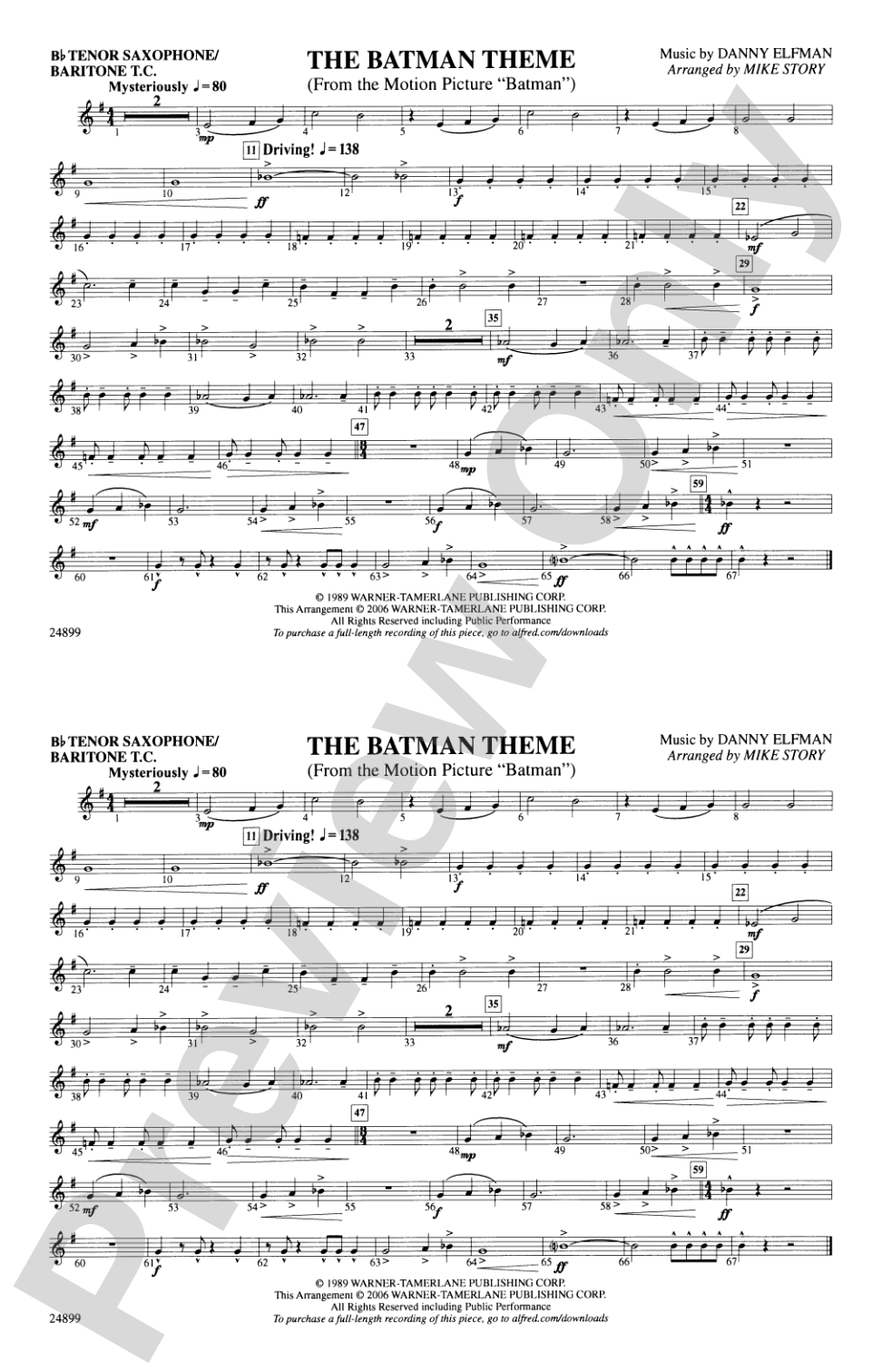The Batman Theme (from Batman): Bb Tenor Saxophone/Bartione Treble Clef