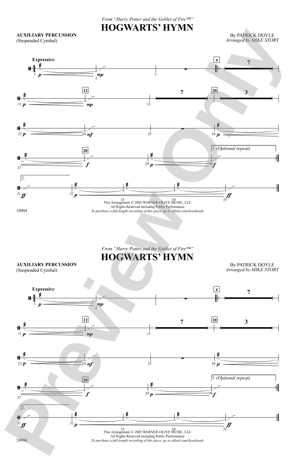 Hogwarts' Hymn (from Harry Potter and the Goblet of Fire): Auxiliary Percussion
