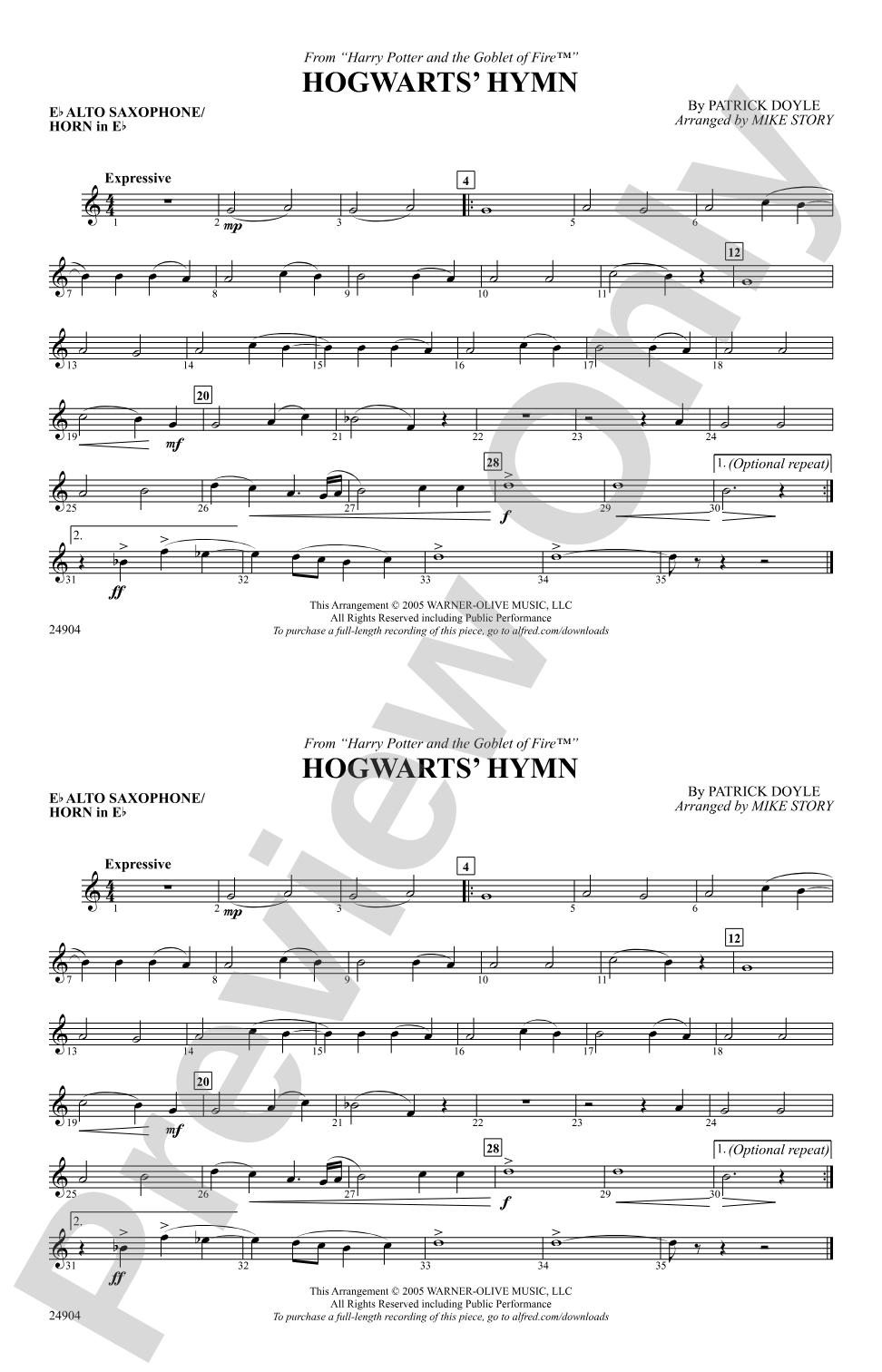 Hogwarts' Hymn (from Harry Potter and the Goblet of Fire): E-flat Alto Saxophone