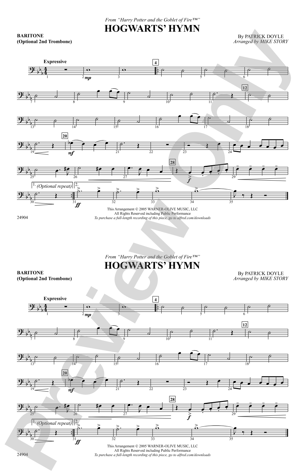 Hogwarts' Hymn (from Harry Potter and the Goblet of Fire): Baritone B.C.