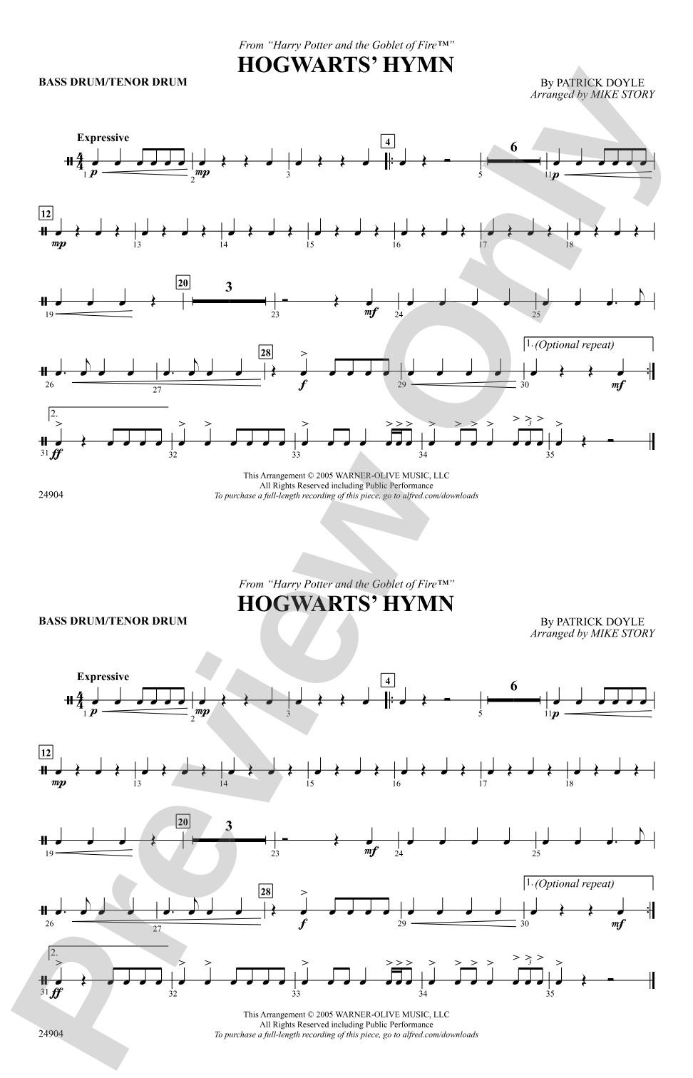 Hogwarts' Hymn (from Harry Potter and the Goblet of Fire): Bass Drum/Tenor Drum