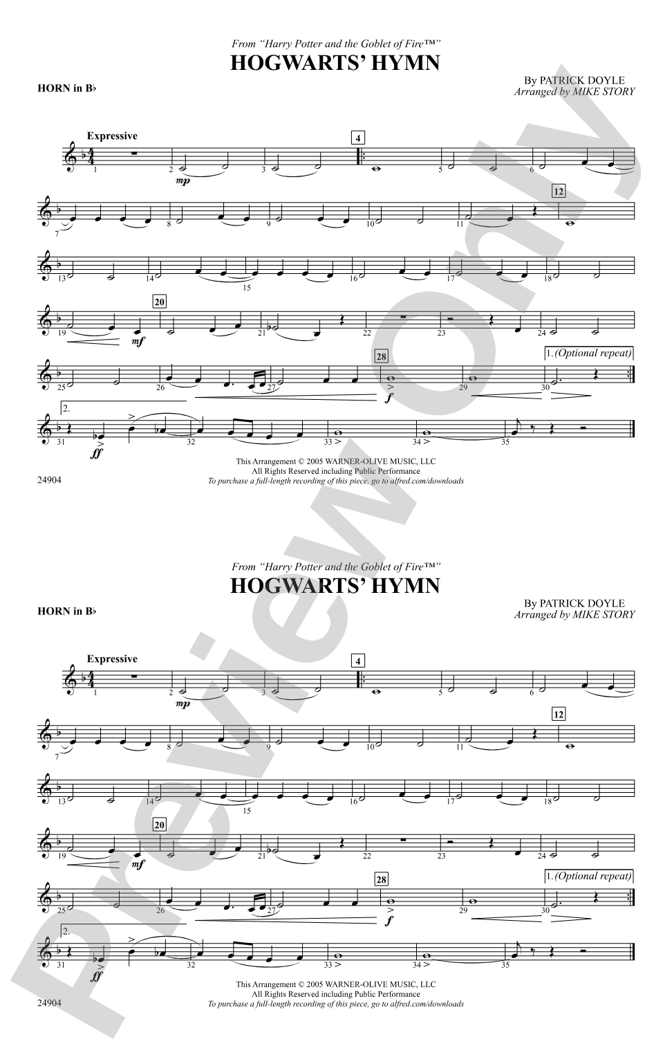 Hogwarts' Hymn (from Harry Potter and the Goblet of Fire): Horn in B flat
