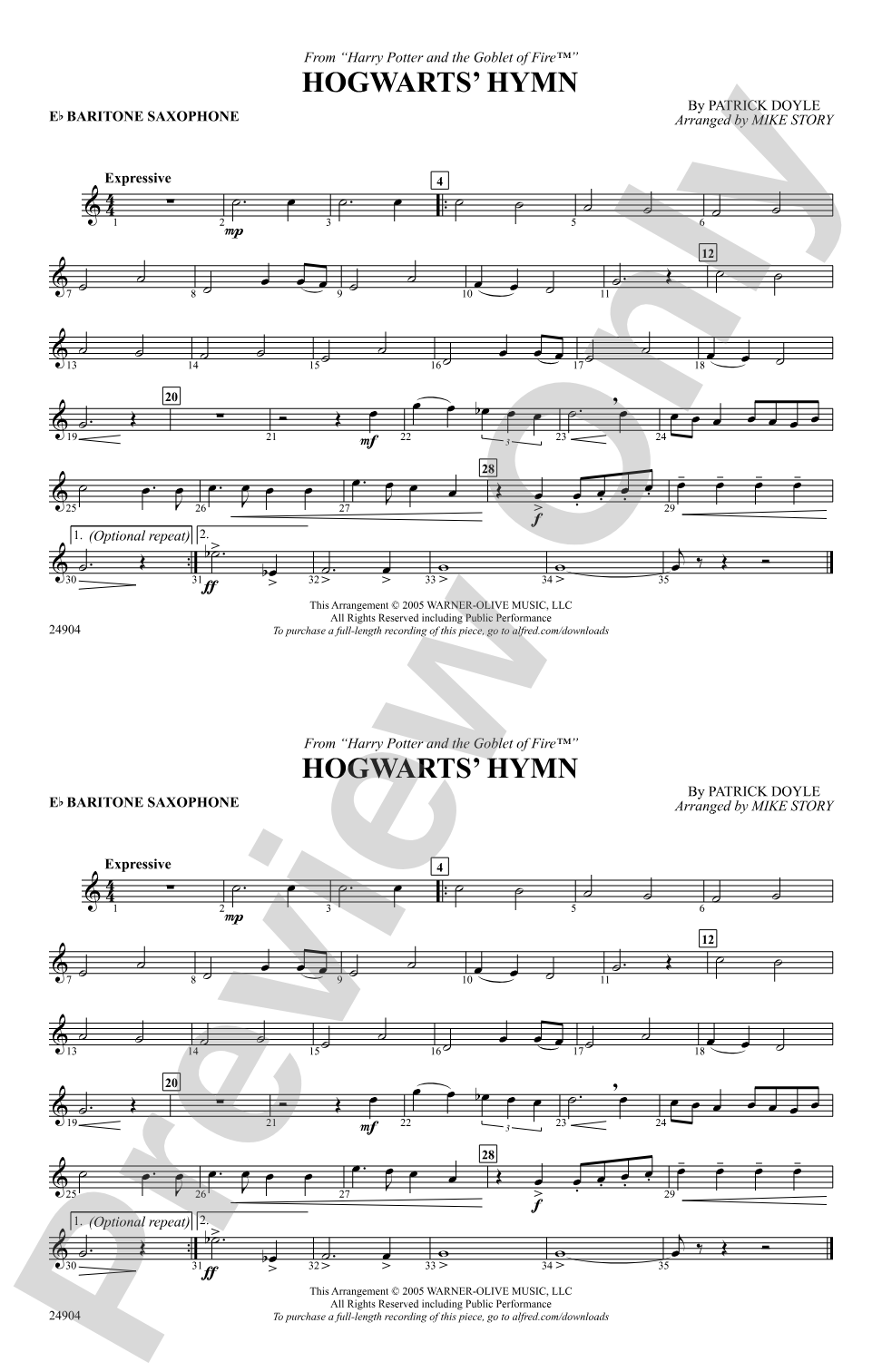 Hogwarts' Hymn (from Harry Potter and the Goblet of Fire): E-flat Baritone Saxophone