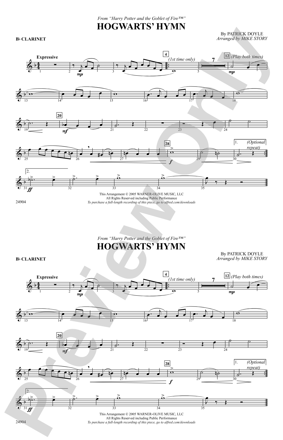 Hogwarts' Hymn (from Harry Potter and the Goblet of Fire): 1st B-flat Clarinet