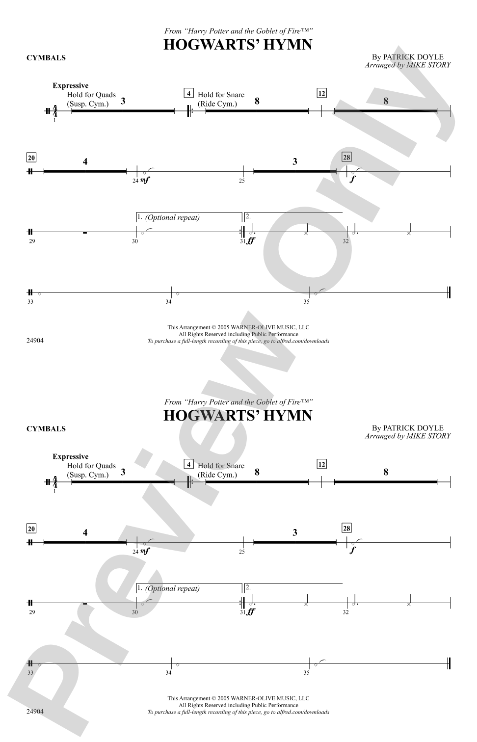 Hogwarts' Hymn (from Harry Potter and the Goblet of Fire): Cymbals