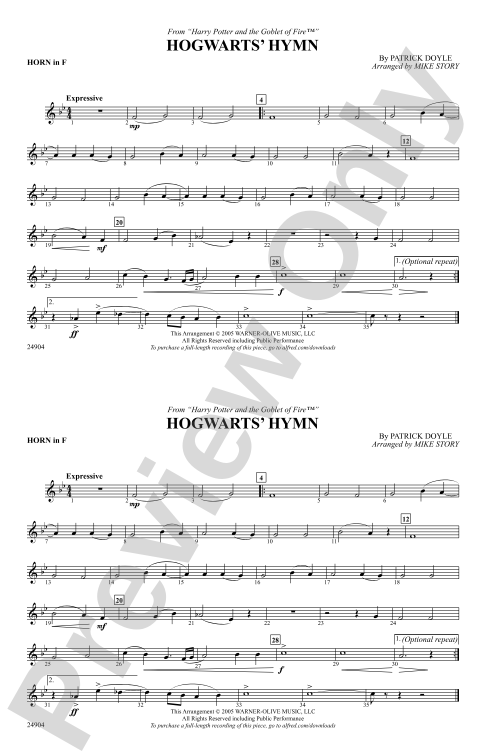 Hogwarts' Hymn (from Harry Potter and the Goblet of Fire): 1st F Horn