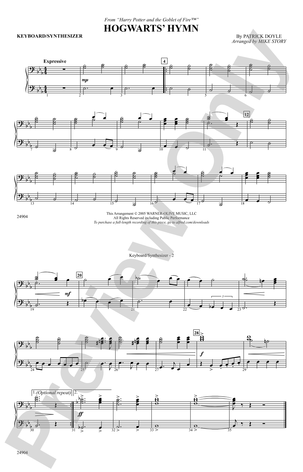 Hogwarts' Hymn (from Harry Potter and the Goblet of Fire): Keyboard/Synthesizer