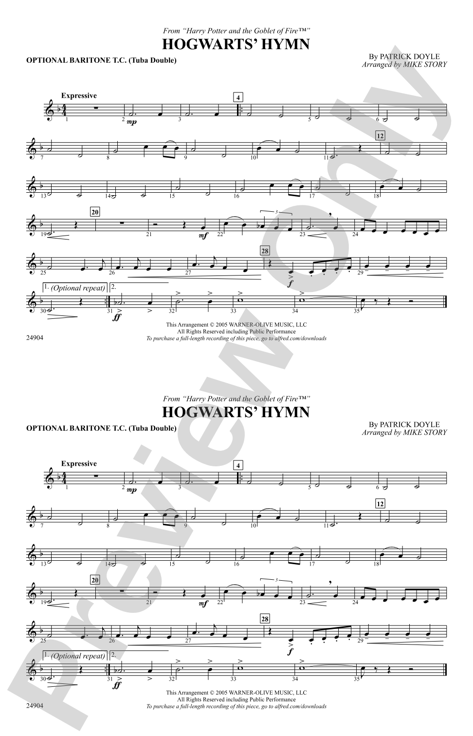Hogwarts' Hymn (from Harry Potter and the Goblet of Fire): Optional Baritone T.C. (Tuba Double)