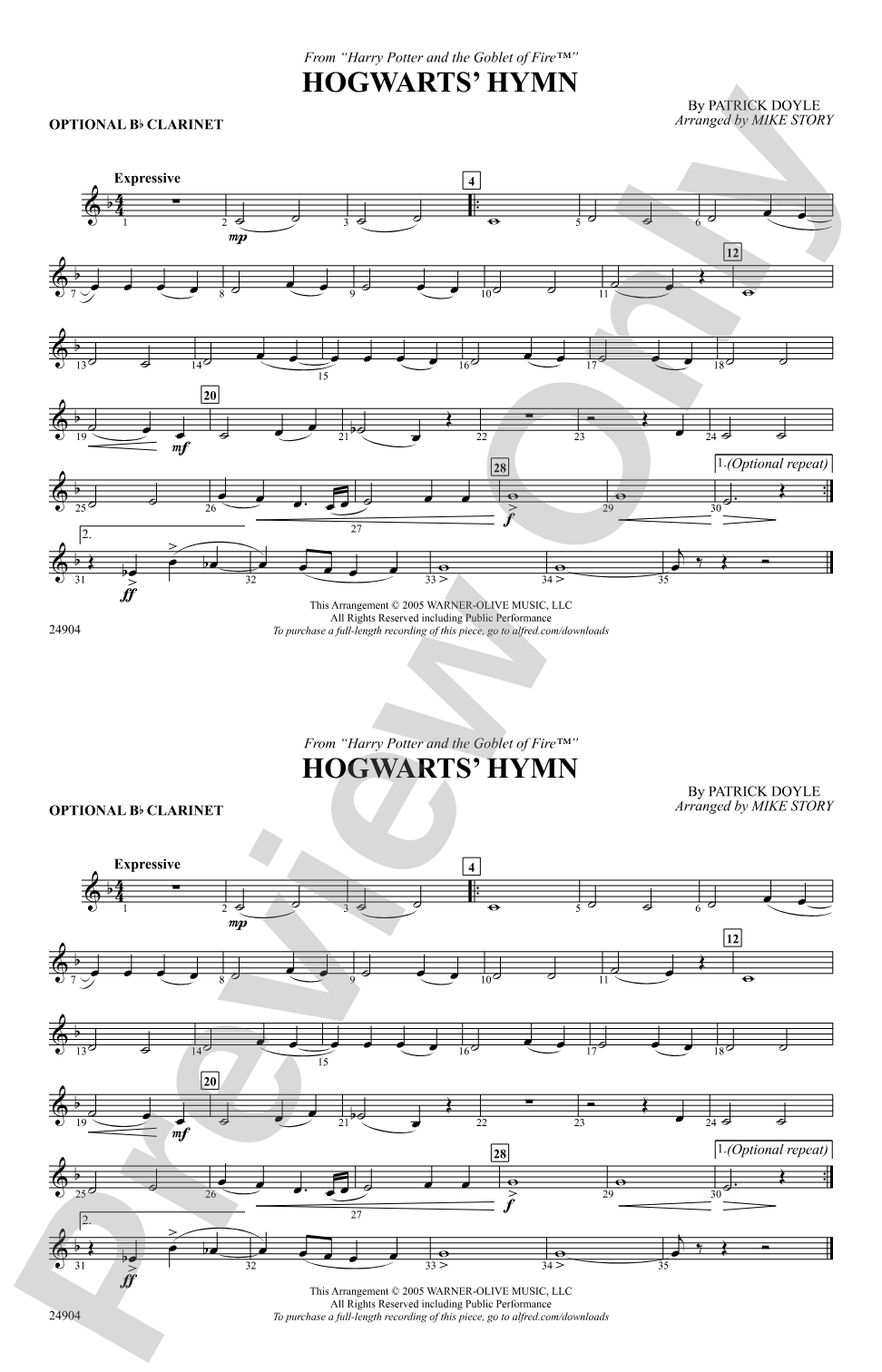Hogwarts' Hymn (from Harry Potter and the Goblet of Fire): Optional Bb Clarinet