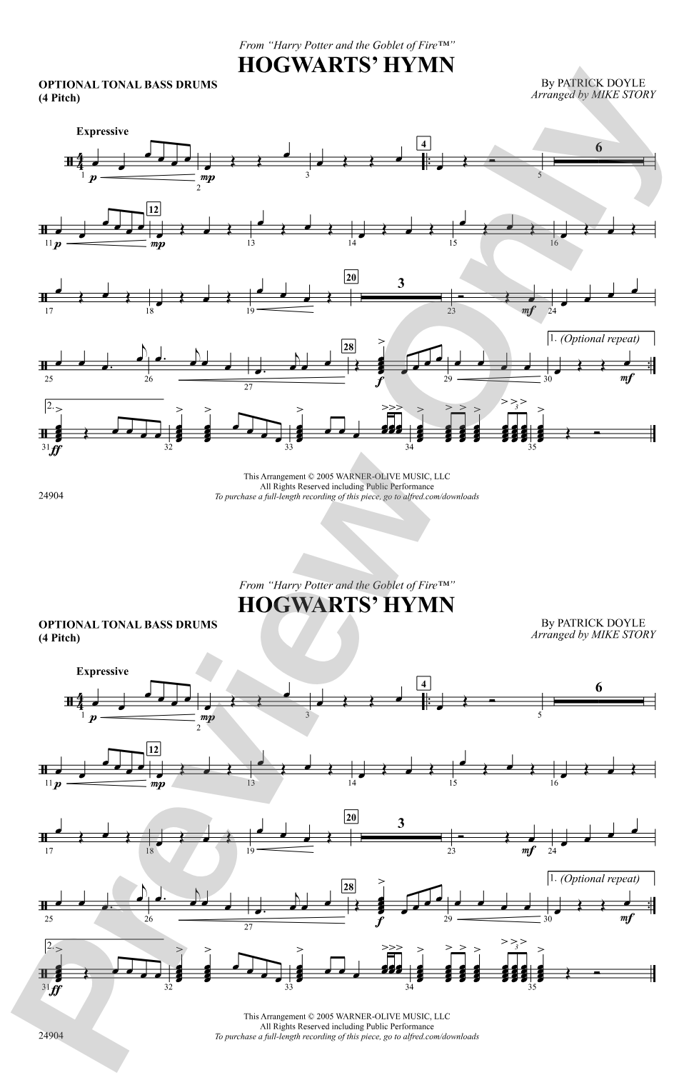 Hogwarts' Hymn (from Harry Potter and the Goblet of Fire): Tonal Bass Drum