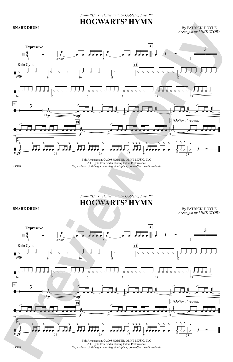 Hogwarts' Hymn (from Harry Potter and the Goblet of Fire): Snare Drum