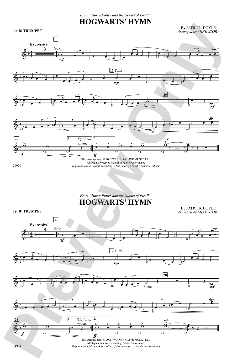 Hogwarts' Hymn (from Harry Potter and the Goblet of Fire): 1st B-flat Trumpet