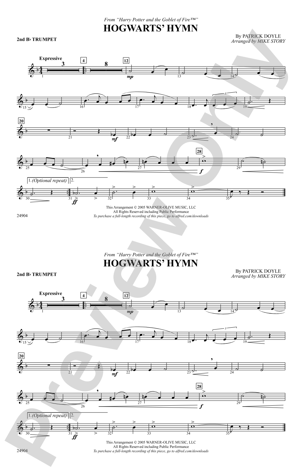 Hogwarts' Hymn (from Harry Potter and the Goblet of Fire): 2nd B-flat Trumpet