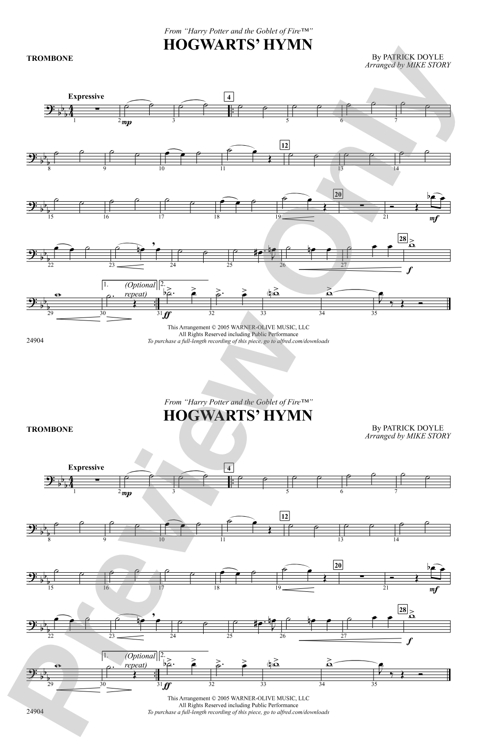Hogwarts' Hymn (from Harry Potter and the Goblet of Fire): 1st Trombone