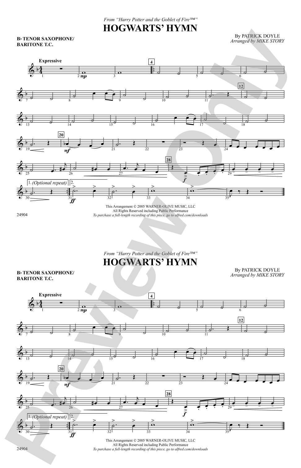 Hogwarts' Hymn (from Harry Potter and the Goblet of Fire): Bb Tenor Saxophone/Bartione Treble Clef