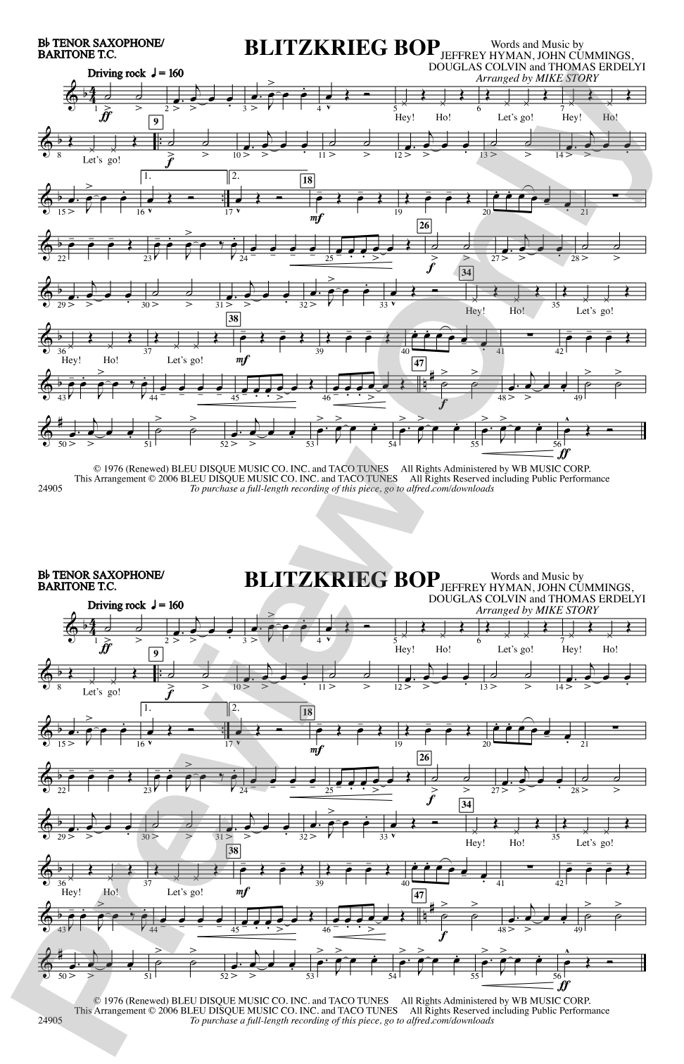Blitzkrieg Bop: Bb Tenor Saxophone/Bartione Treble Clef