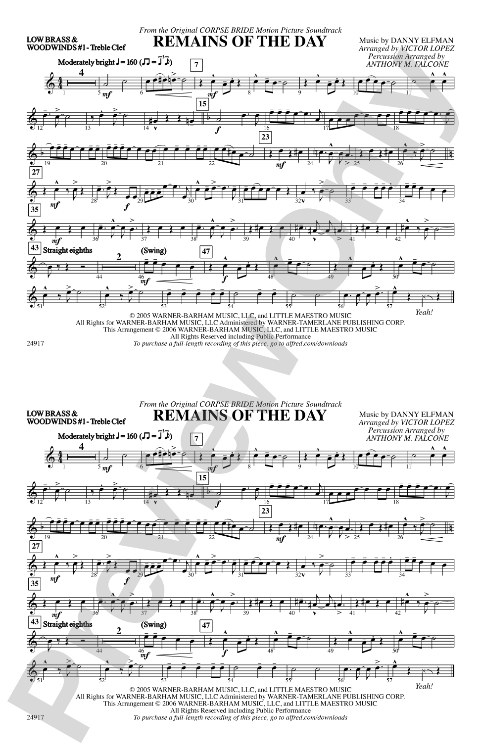 Remains of the Day (from Corpse Bride): Low Brass & Woodwinds #1 - Treble Clef
