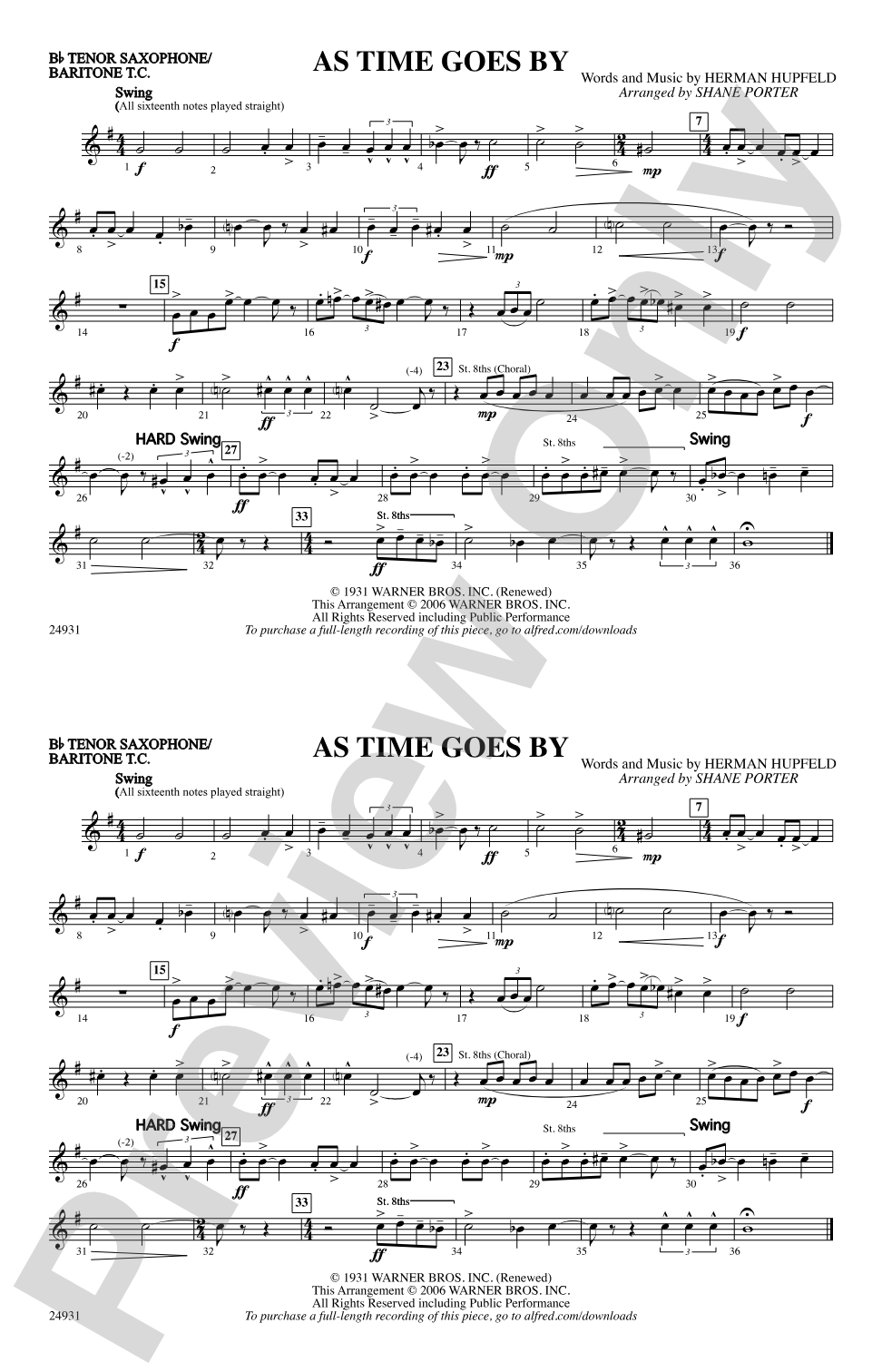 As Time Goes By: Bb Tenor Saxophone/Bartione Treble Clef