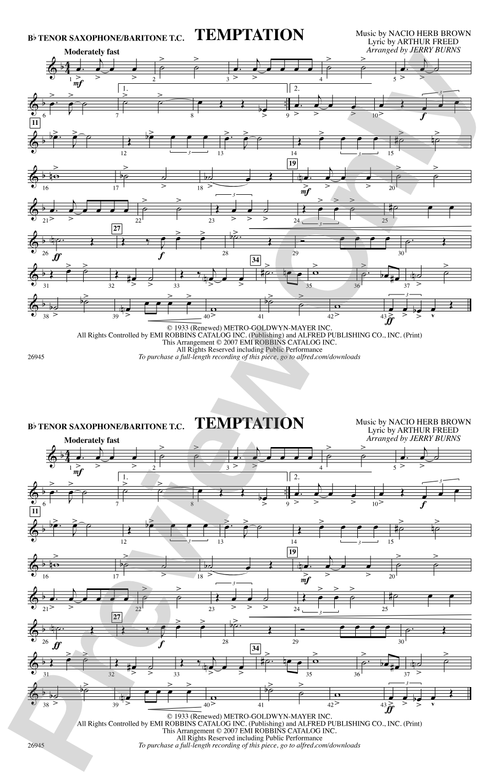Temptation: Bb Tenor Saxophone/Bartione Treble Clef
